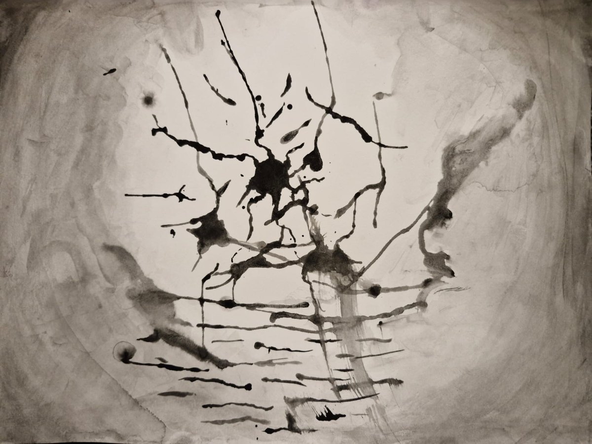 Black ink on paper by Don: spattered, branching marks spread out from a dense centre over soft grey washes, with horizontal drips below