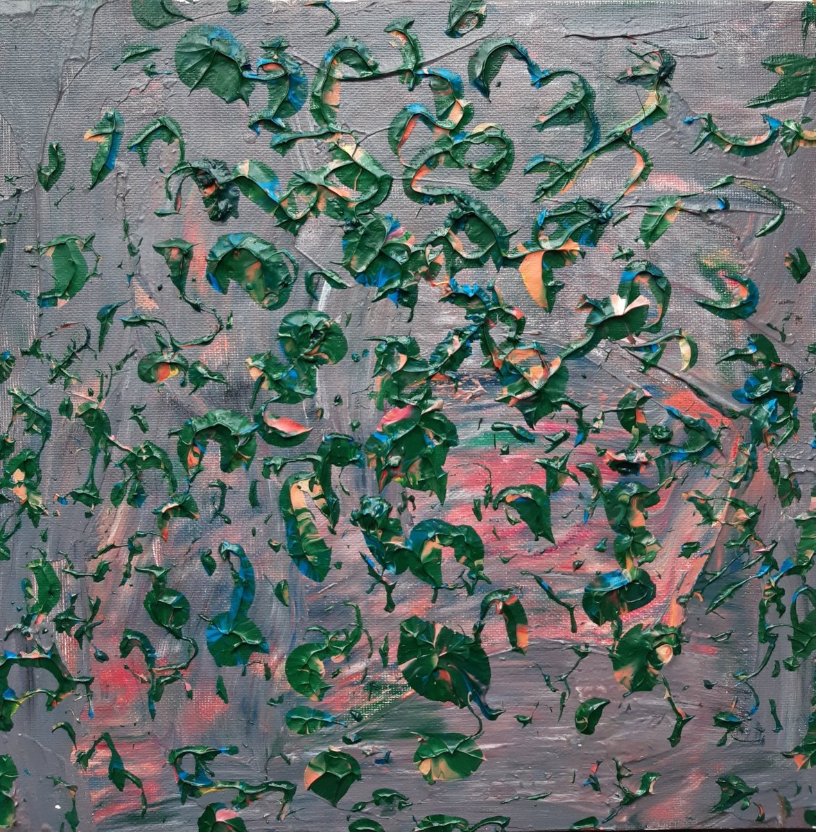 Thick acrylic painting by Don: raised curls of deep green paint with flecks of blue and peach over a soft grey and pink background