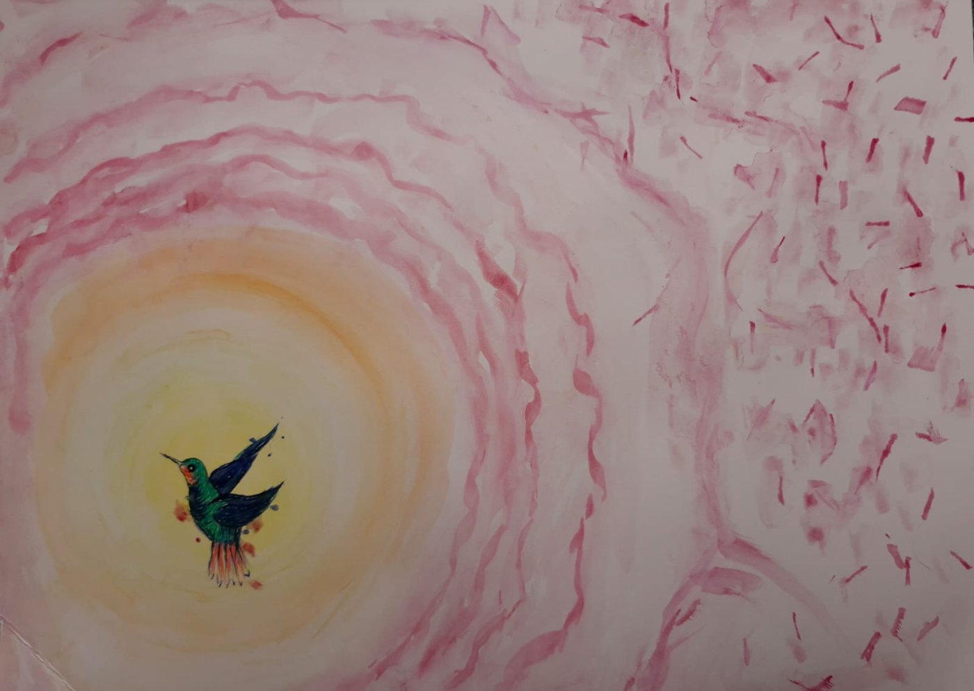 Painting by Don: a small green and blue hummingbird inside a glowing yellow and orange circle, surrounded by rippling pink washes