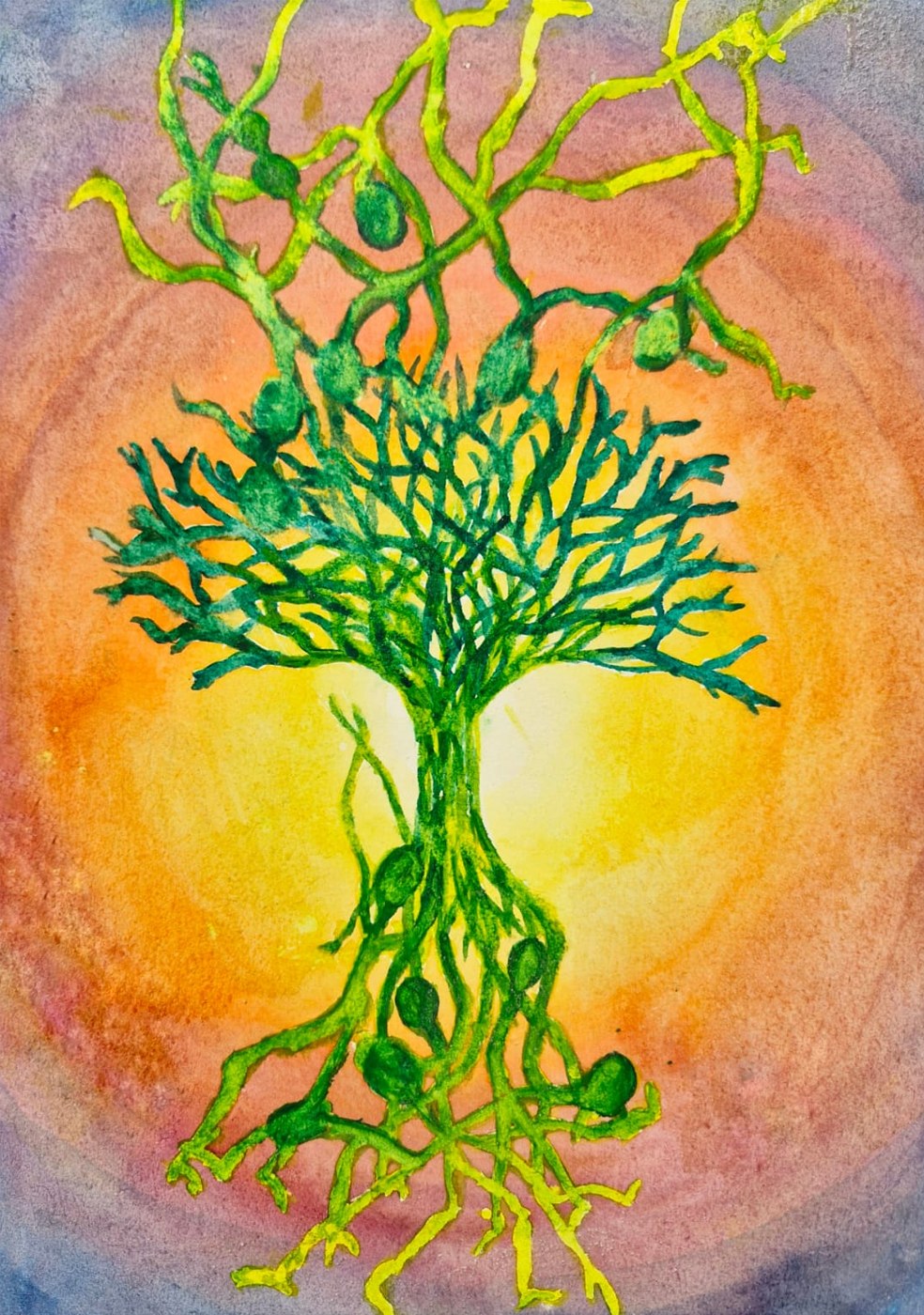 Watercolour painting by Don: a green tree with branches reaching upwards and roots spreading downwards, set against a glowing circle of yellow and orange
